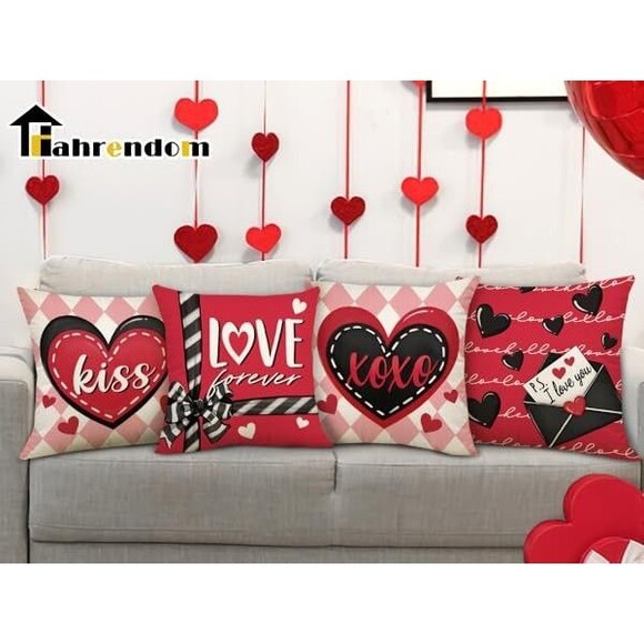 Fahrendom Valentines Day Hearts Decorative Throw Pillow Covers 20 x 20 Set of 4, - Picture 1 of 4